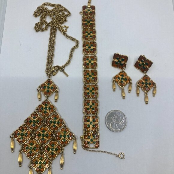 Vtg 1970 D'ORLAN enamel Egyptian revival  earrings bracelet necklace set - Picture 2 of 4